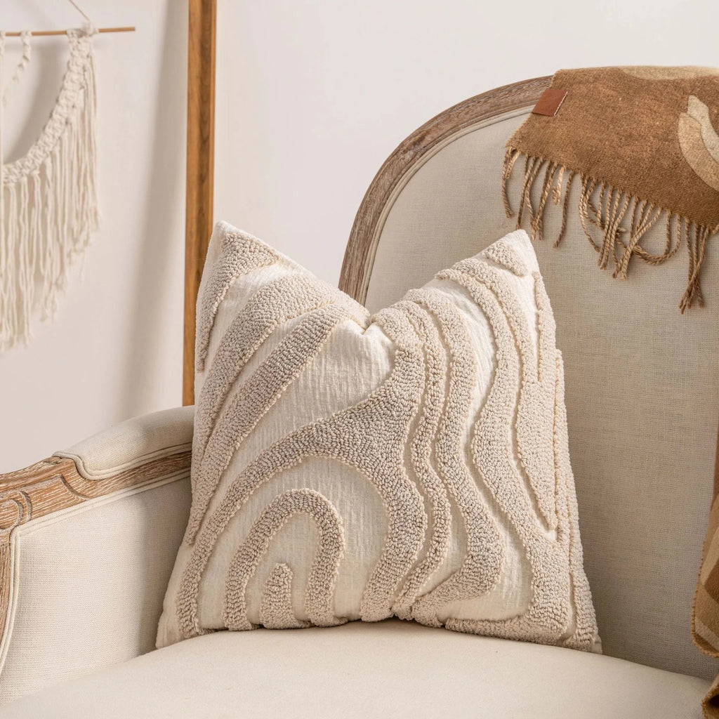 Knitted decorative pillow cover with tassel edge in a choice of six printed patterns and two sizes.