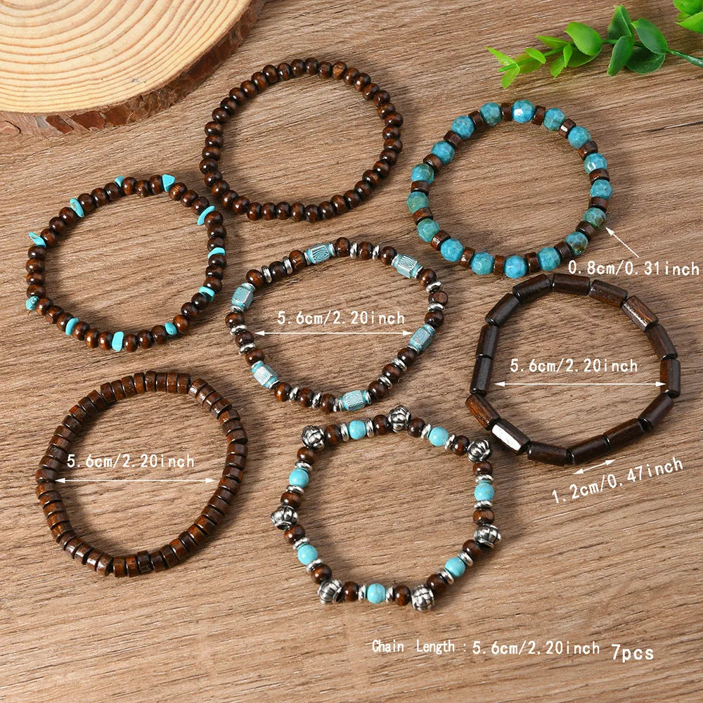 Set of seven retro bracelets with wooden beads and alloy charms in multicolour
