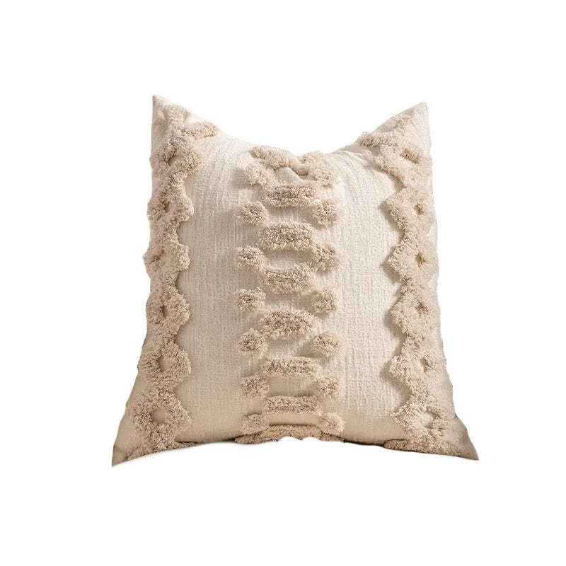Knitted decorative pillow cover with tassel edge in a choice of six printed patterns and two sizes.