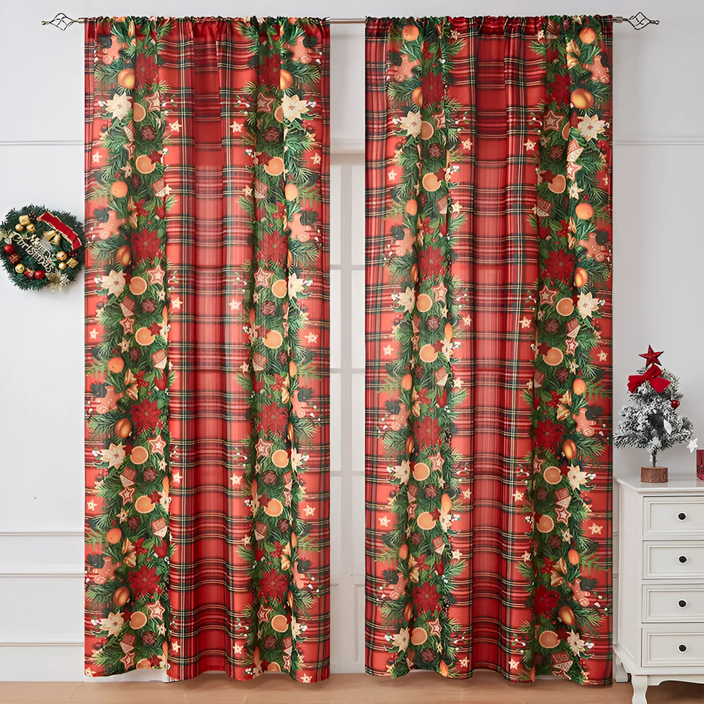 Rectangular printed polyester curtain with festive design hanging in a window