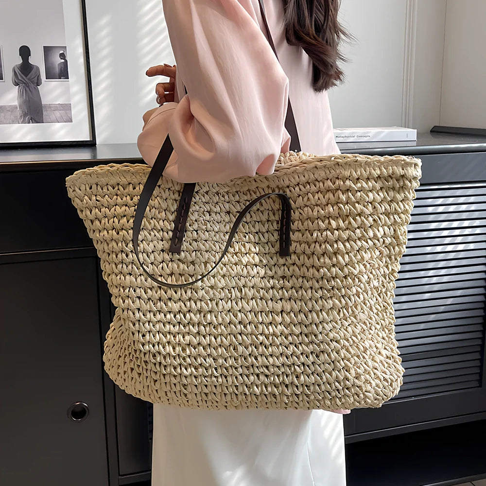 Brown woven summer shoulder bag, 42x36x4 cm large capacity with zipper for women's beach use