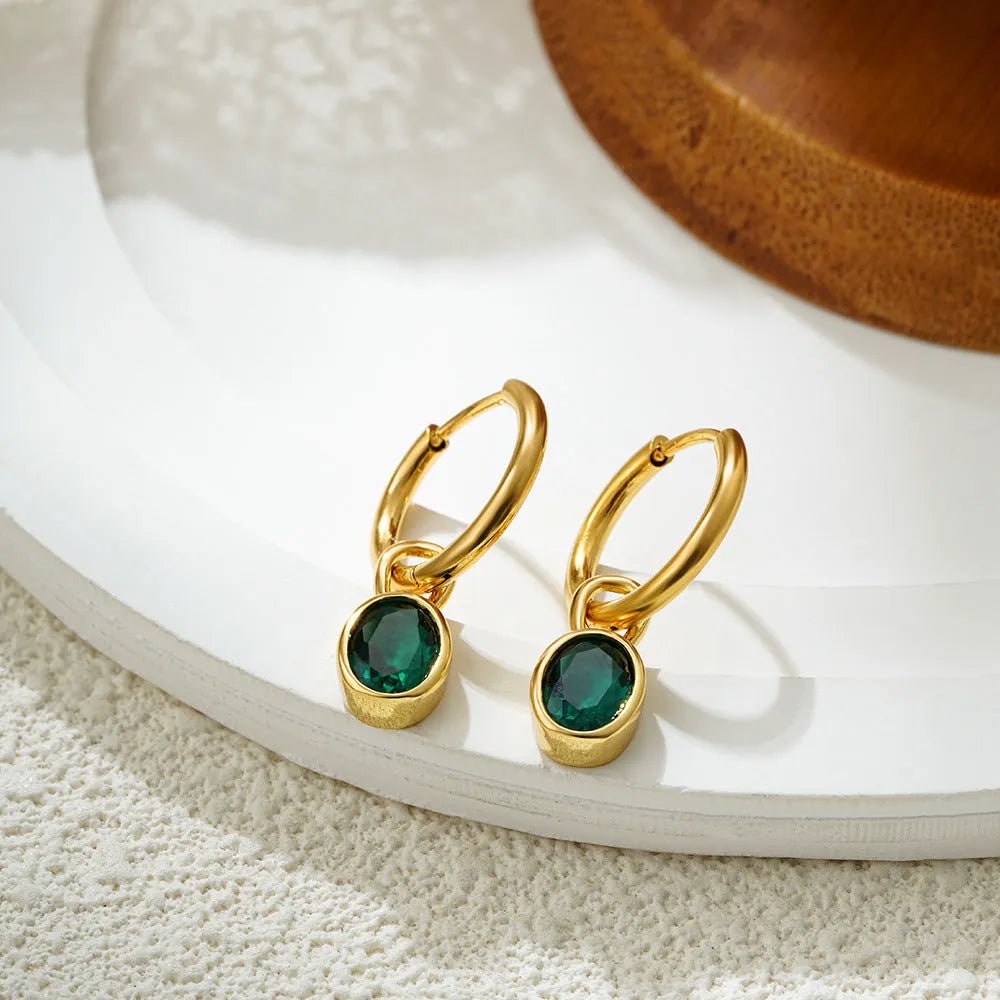 Women's retro simple oval zircon earrings in copper alloy, shown in an Emerald green colour.