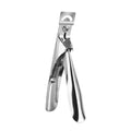 Close-up of stainless steel French U-shaped nail scissors on a plain background.