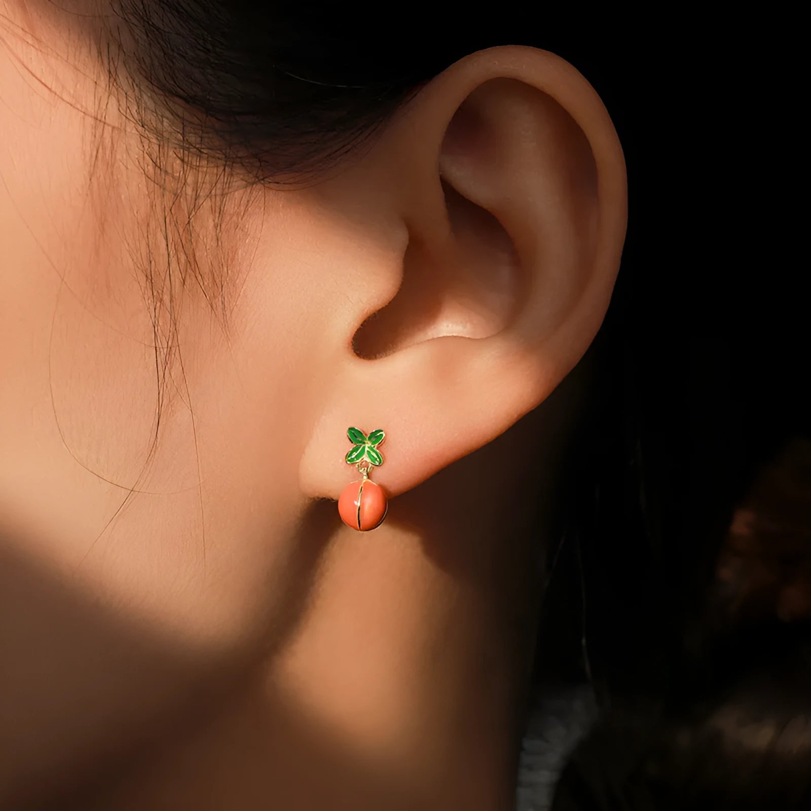 S925 sterling silver persimmon fruit stud earrings with lucky symbol design