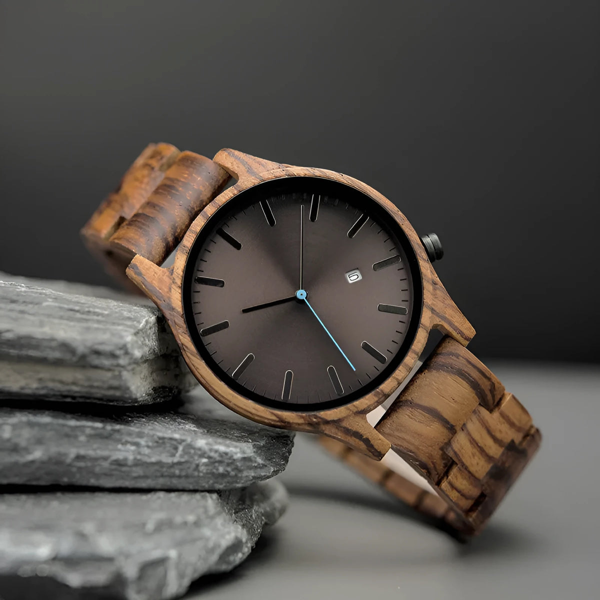 Men's wood quartz pointer watch with 10mm thickness, four B09 colour options, casual style, wooden case