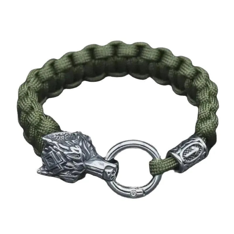 Handmade stainless steel wolf head bracelet with Luen character charm in camouflage colour.