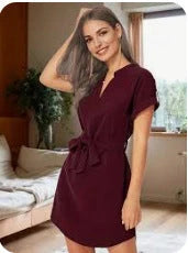 Women's V-neck short sleeve dress with adjustable belt in various colours
