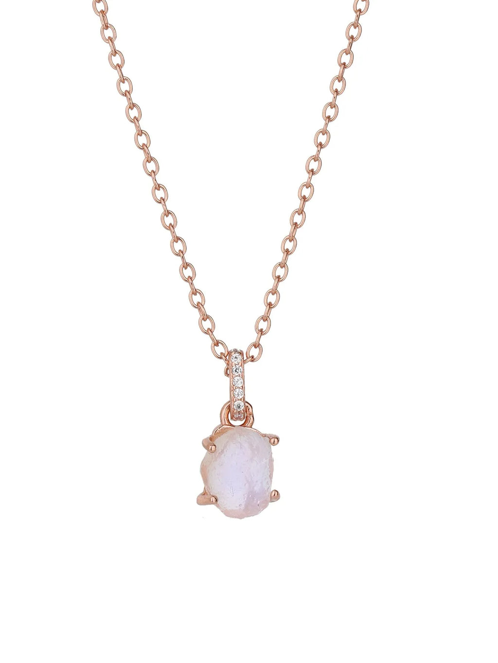 Geometric quadrilateral crystal pendant on sterling silver curb chain necklace with rose gold or platinum plating options.