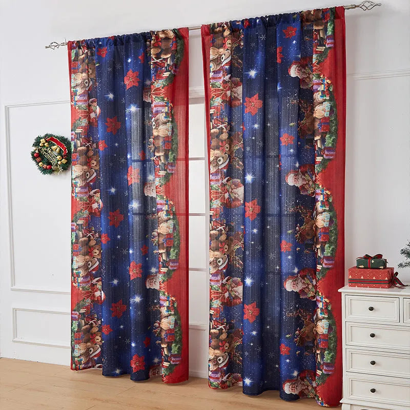 Rectangular printed polyester curtain with festive design hanging in a window