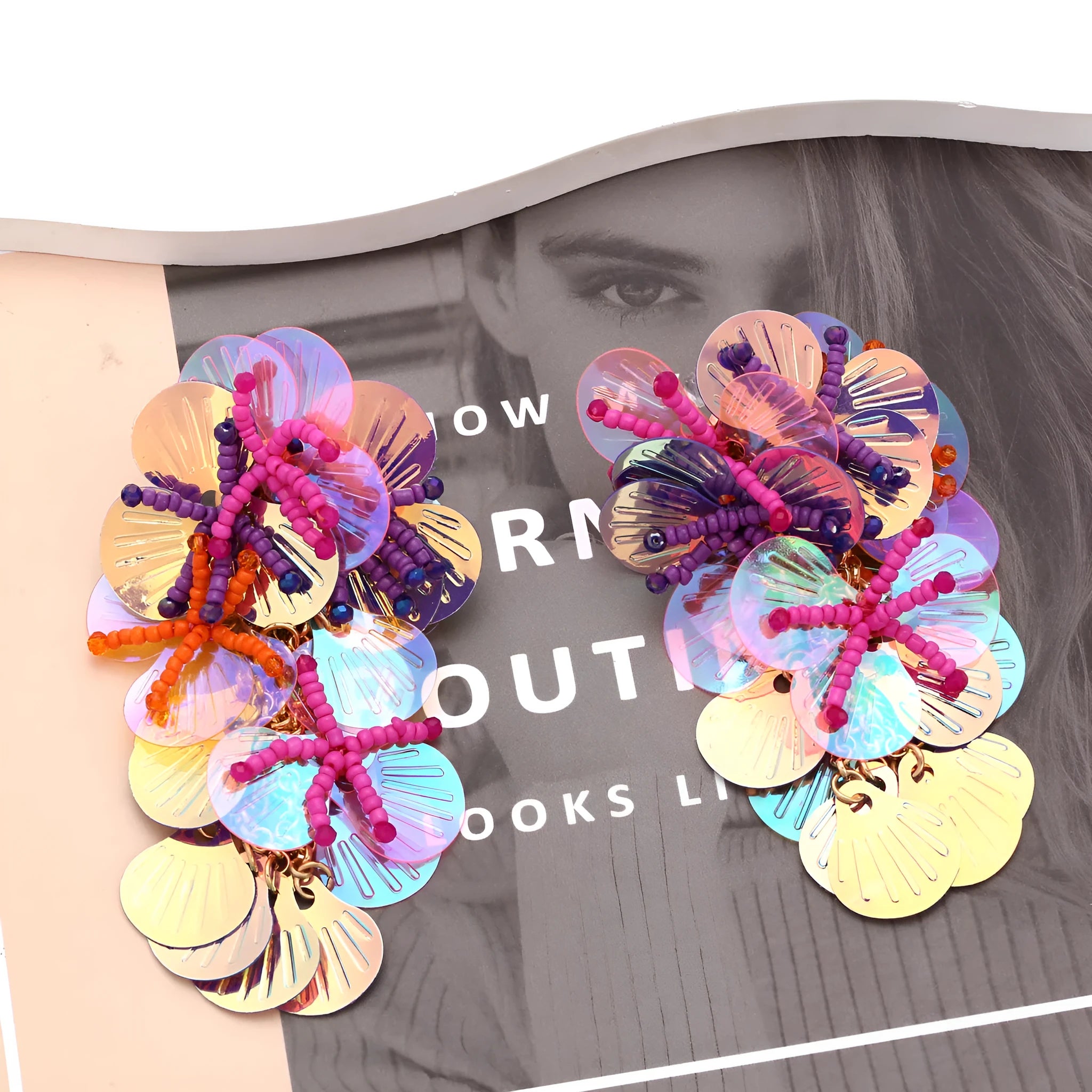 Handmade exaggerated dopamine style flower earrings with string bead floral designs in colourful, rose and purple