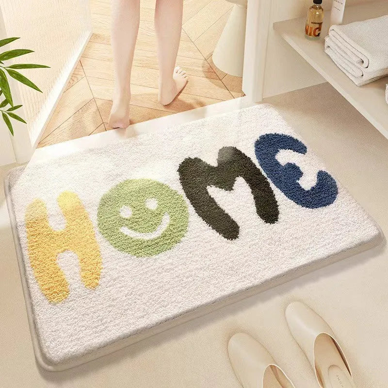 Square rainbow pattern carpet in sky sea colours with a soft texture and plastic bottom.