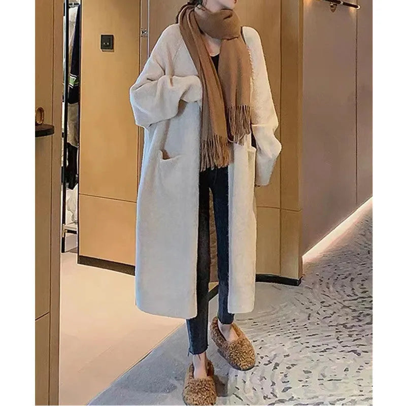Women's mid-length loose fit knitted cardigan coat in solid colour with pockets, 65cm long, acrylic blend