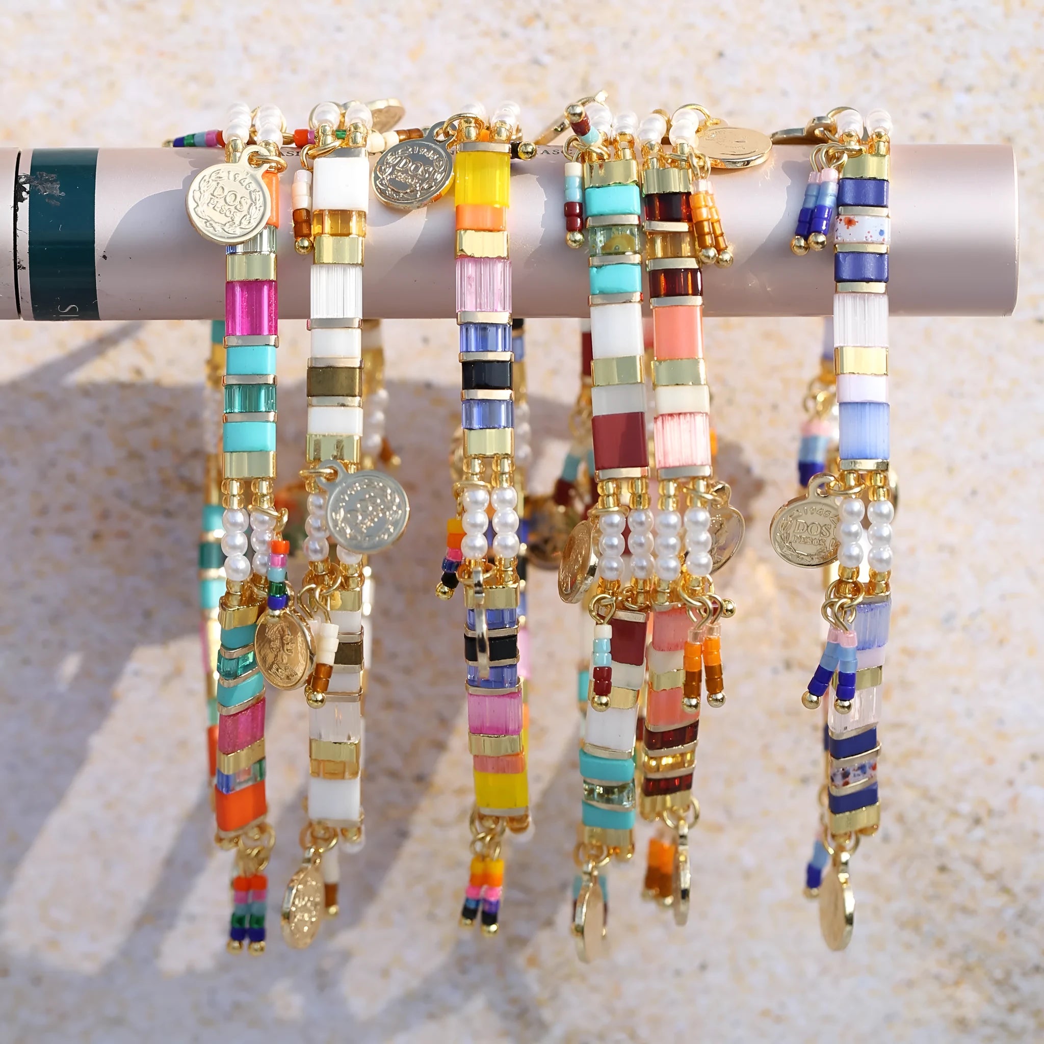 Women's glass coloured beaded bracelet with imitation pearl beads in six colour variations