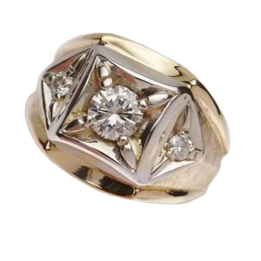 Geometric hollow copper couple ring with chamfered square pattern in gold.