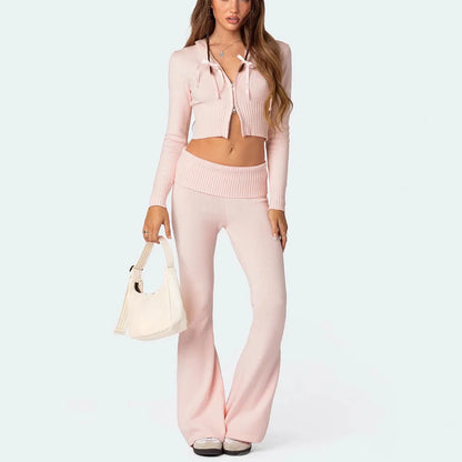 Women's knitted hooded suit with zipper cropped top and slim flared pants in street fashion style