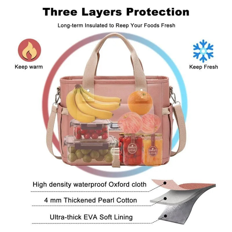Insulated cube-shaped picnic bag with removable shoulder strap in pink colour with side pocket