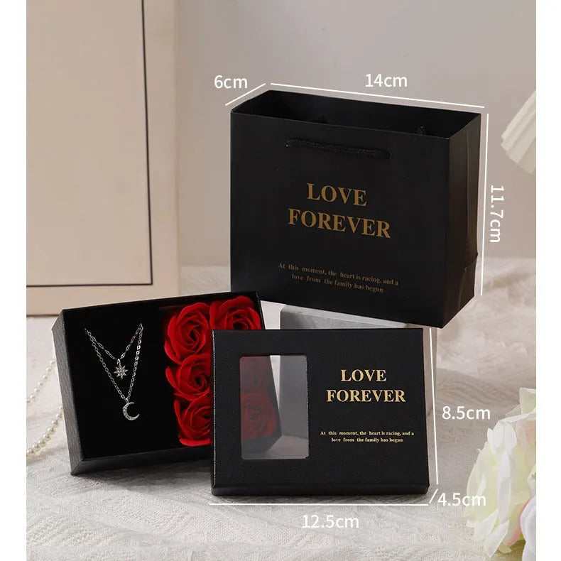 Korean style soap flower bouquet gift set in a red handbag gift box.