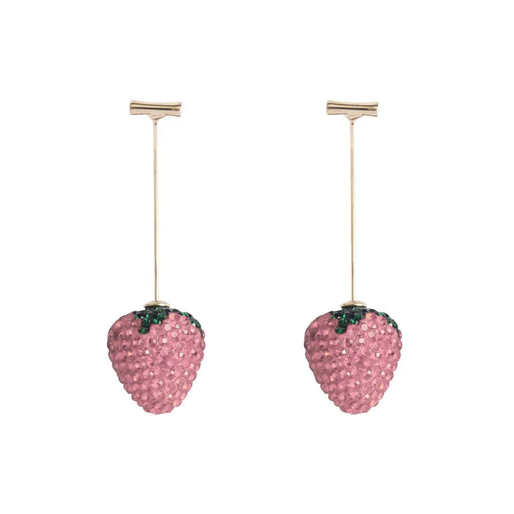 Geometric zinc alloy women's earrings with a red strawberry charm on a white background.