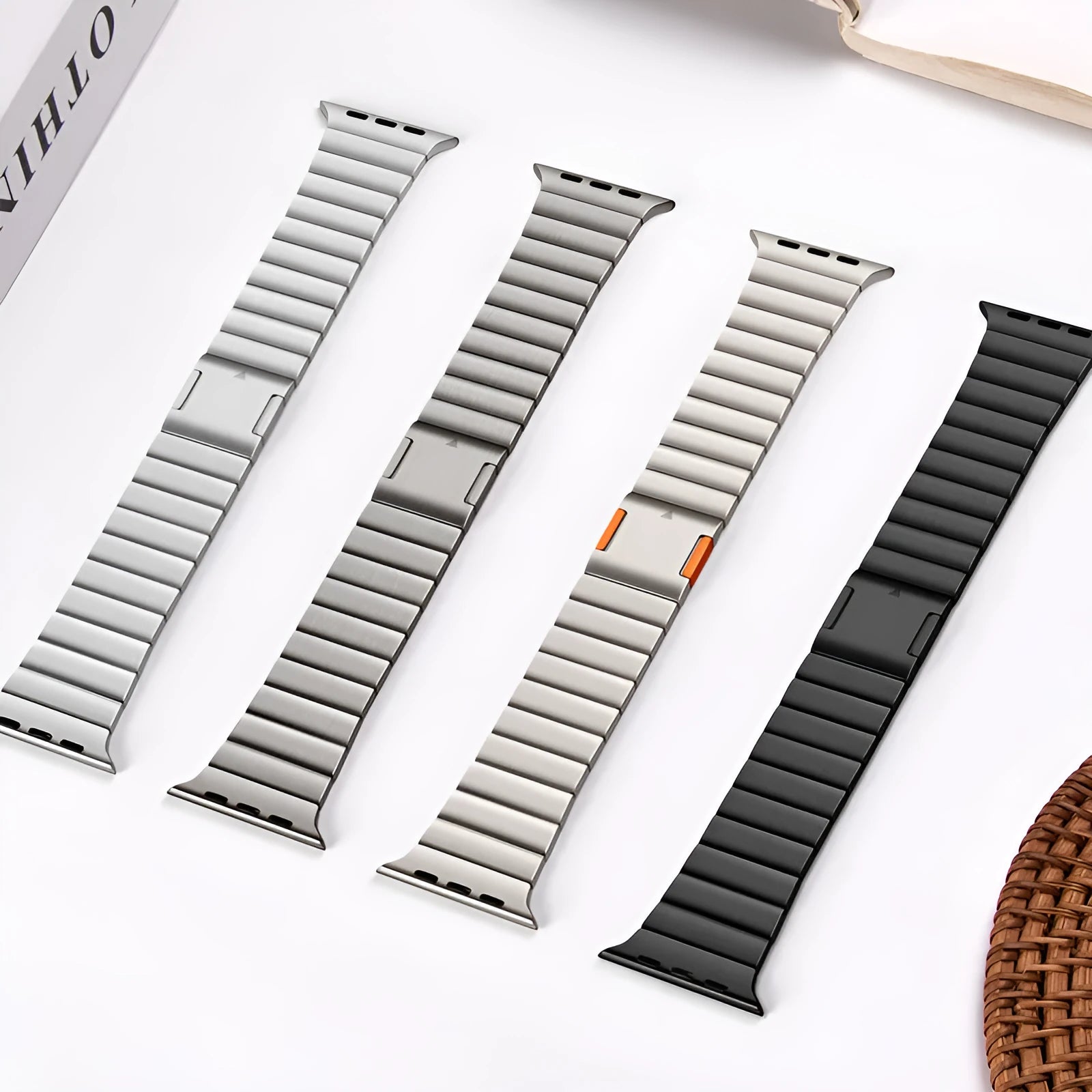 Magnetic buckle stainless steel Apple Watch strap in silver colour showing business style design