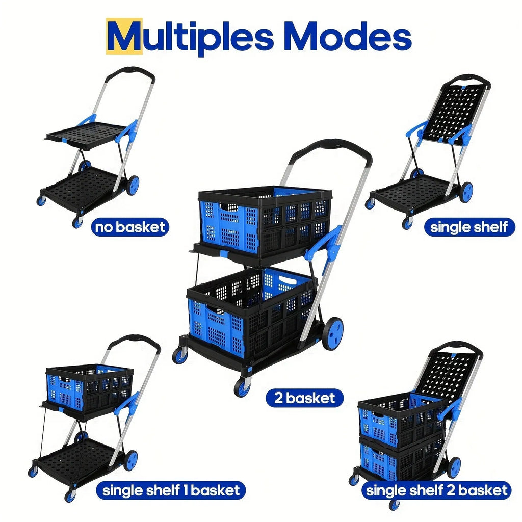 Foldable plastic shopping cart with two baskets shown in available blue, purple, pink, and red colour options