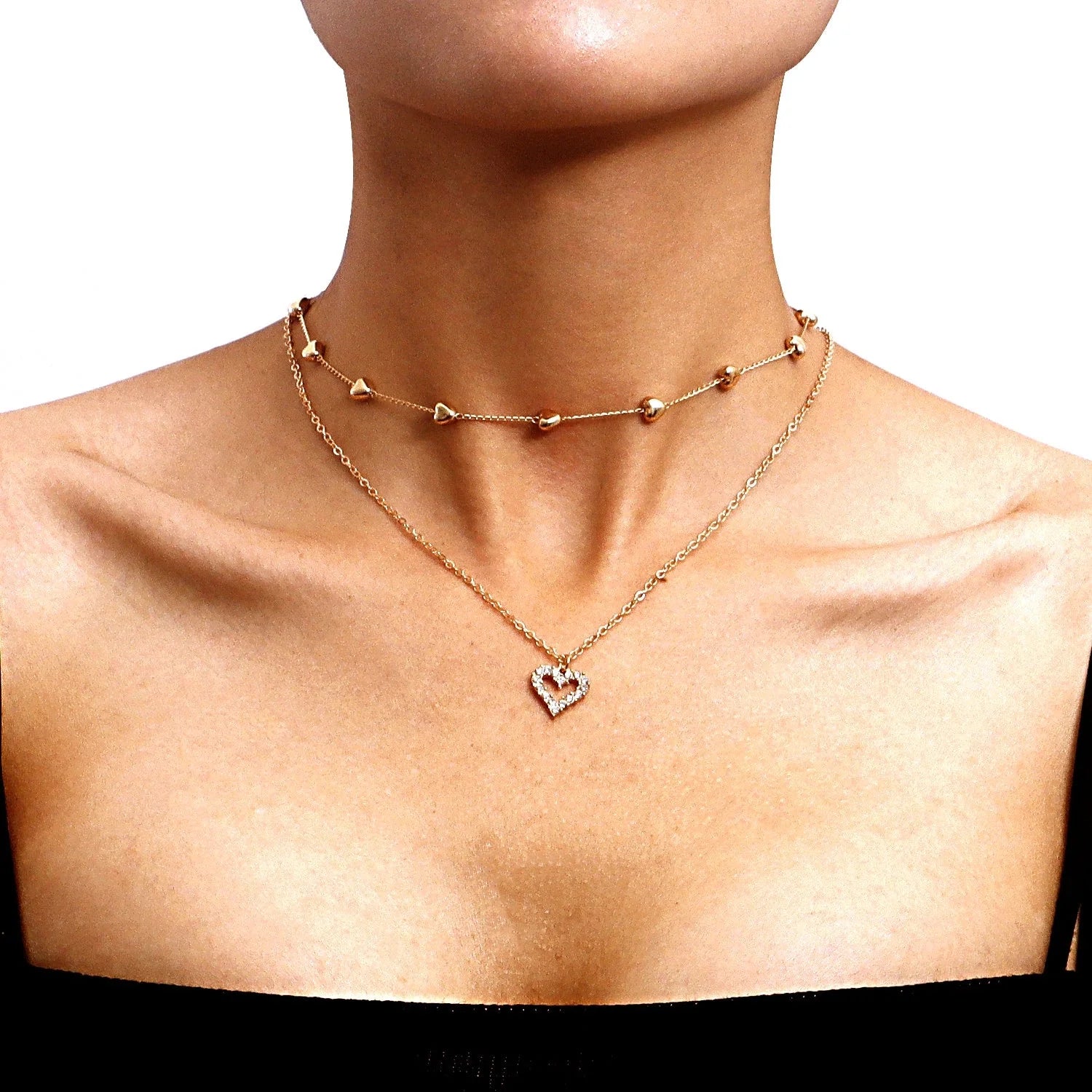 Double-layer heart pendant fine chain necklace in gold colour with adjustable length