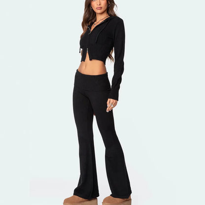 Women's knitted hooded suit with zipper cropped top and slim flared pants in street fashion style