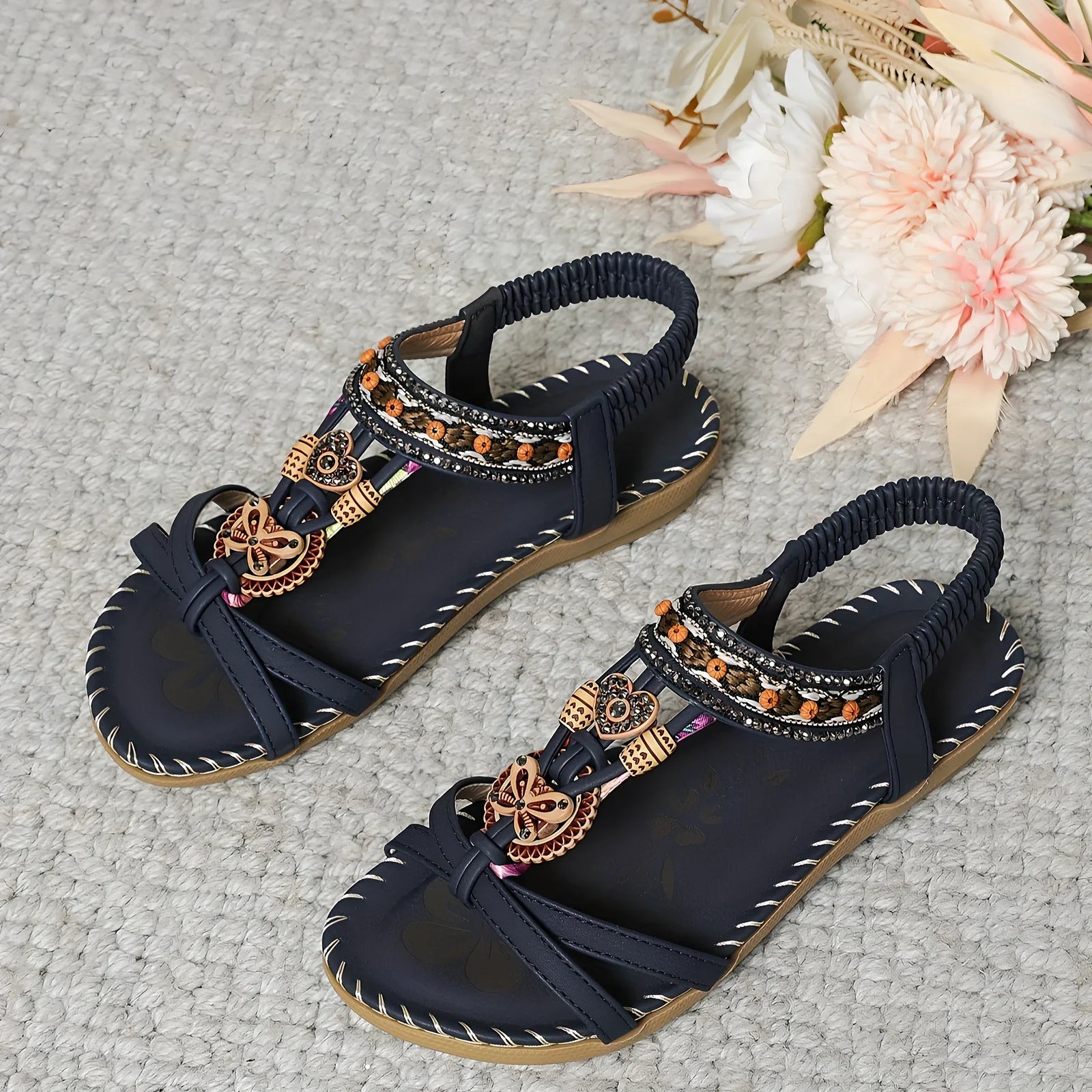 Bohemian women's thong sandals in navy blue with flower beaded rhinestone details, PU upper, TPR sole, size 38