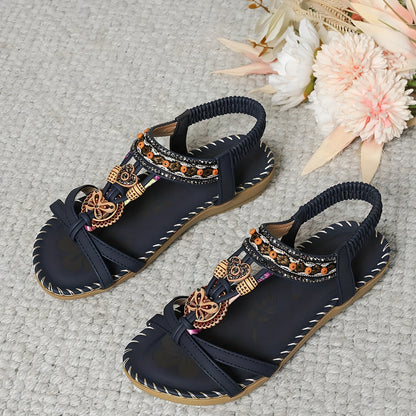 Bohemian women's thong sandals in navy blue with flower beaded rhinestone details, PU upper, TPR sole, size 38