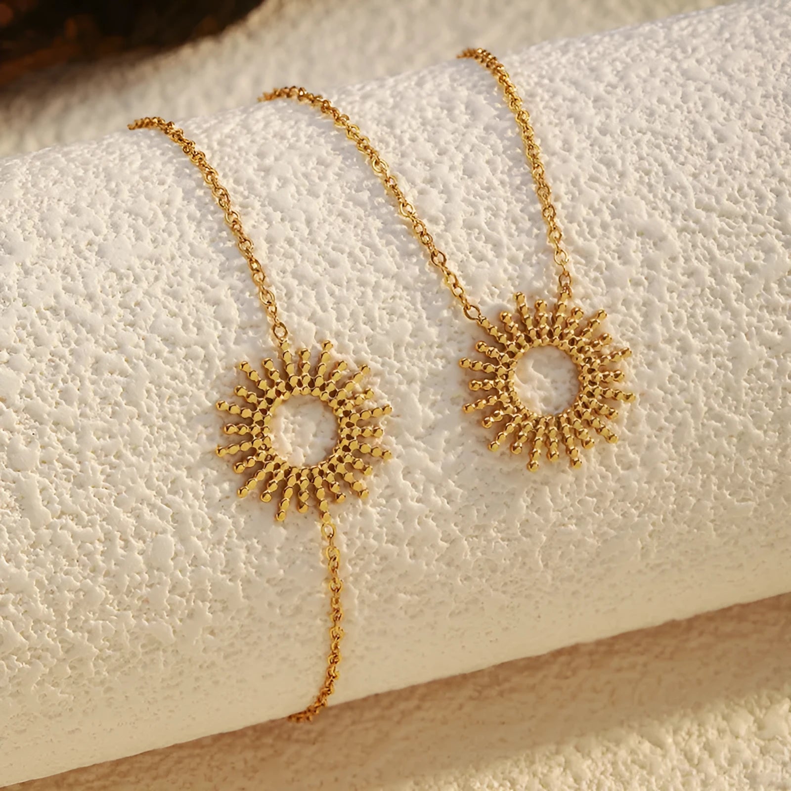 Sunflower series geometric gold chain necklace and bracelet set for women.