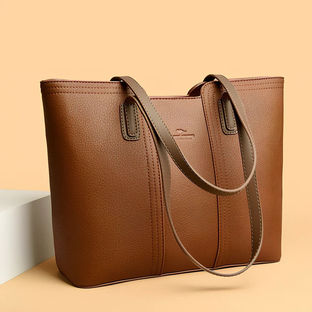 Women's beige genuine leather crossbody bag with three-dimensional pocket, 25cm size, waterproof for business commutes