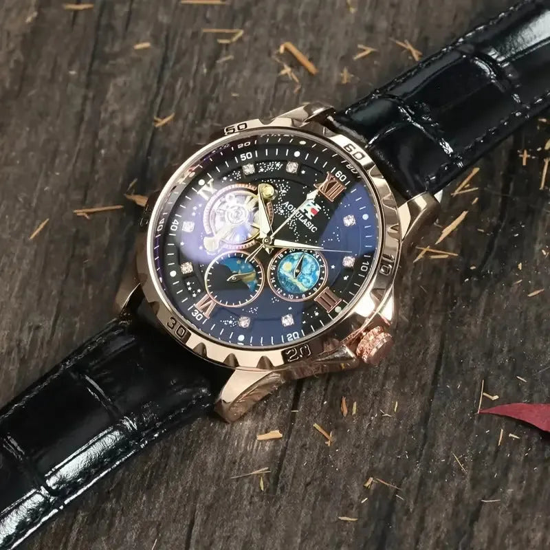 Men's black and rose gold skeleton automatic watch with leather strap on wrist