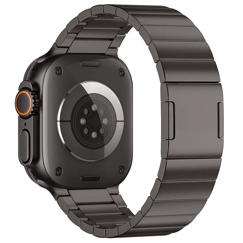 Magnetic buckle stainless steel Apple Watch strap in silver colour showing business style design