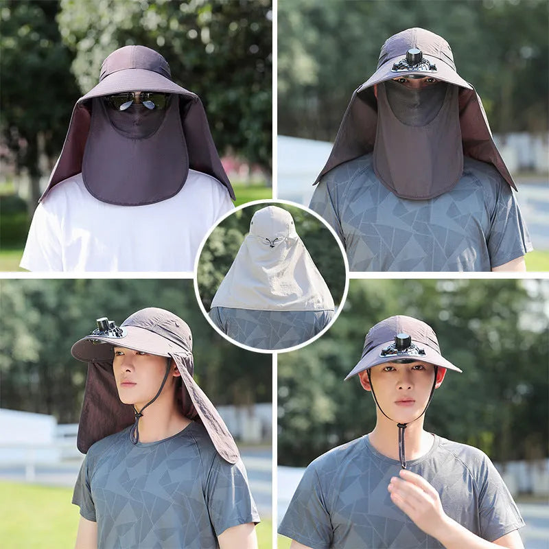 Man wearing a khaki sun hat with a built-in USB-rechargeable fan for face and neck protection.