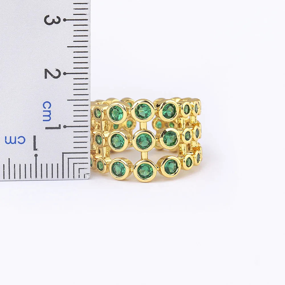 Three-layer green zircon wide ring with 18K gold plating over copper base