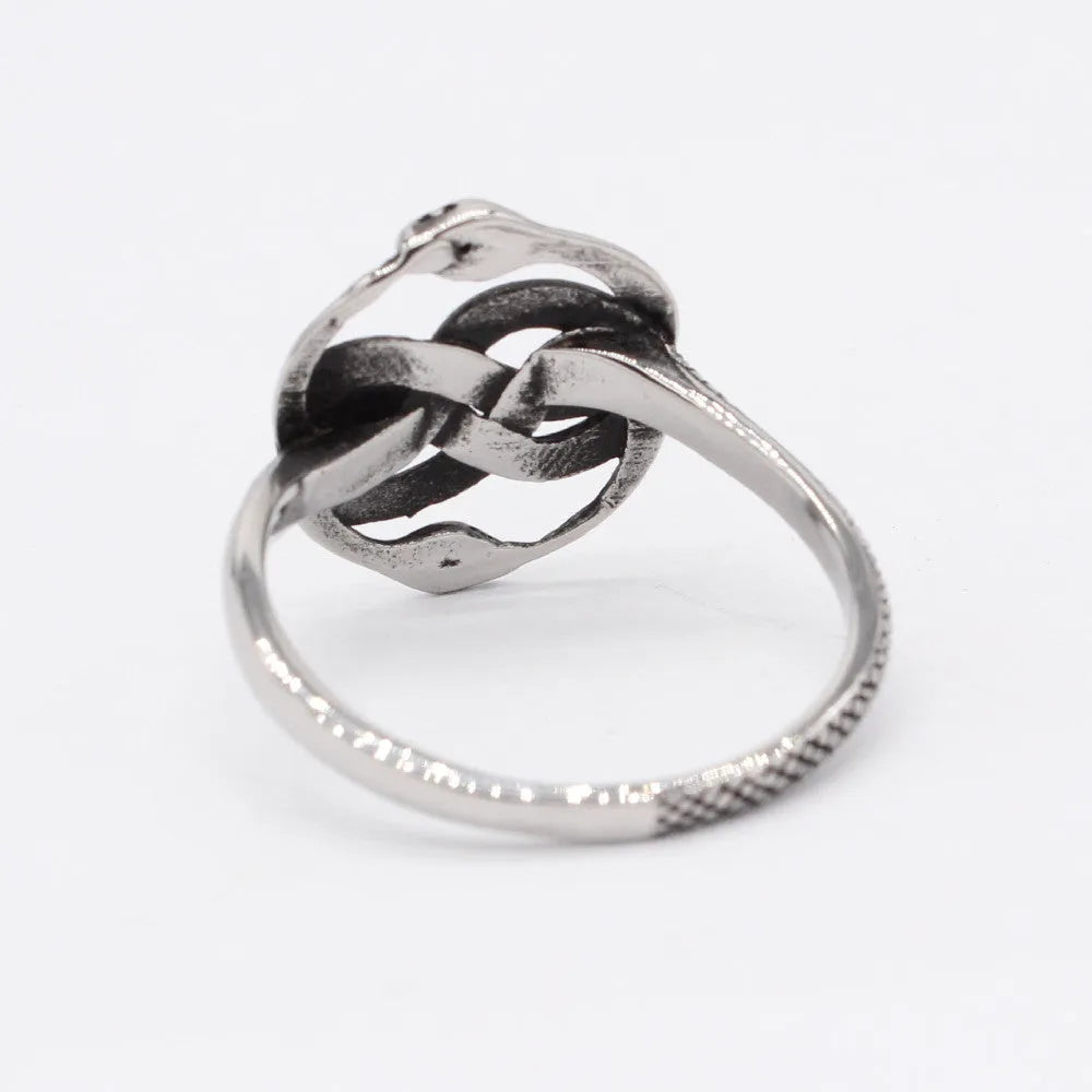 Steel coloured titanium steel ring featuring a detailed retro double snake design on a finger.