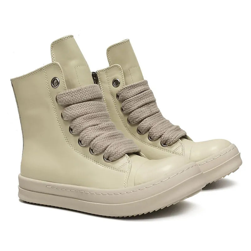 Black high-top leather sneaker boots with a side zipper and a thick rubber platform sole.