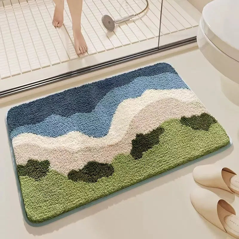 Square rainbow pattern carpet in sky sea colours with a soft texture and plastic bottom.