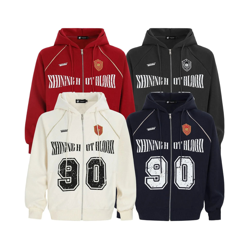 Women's American retro style hooded jacket with embroidered letter pattern in cotton blend fabric