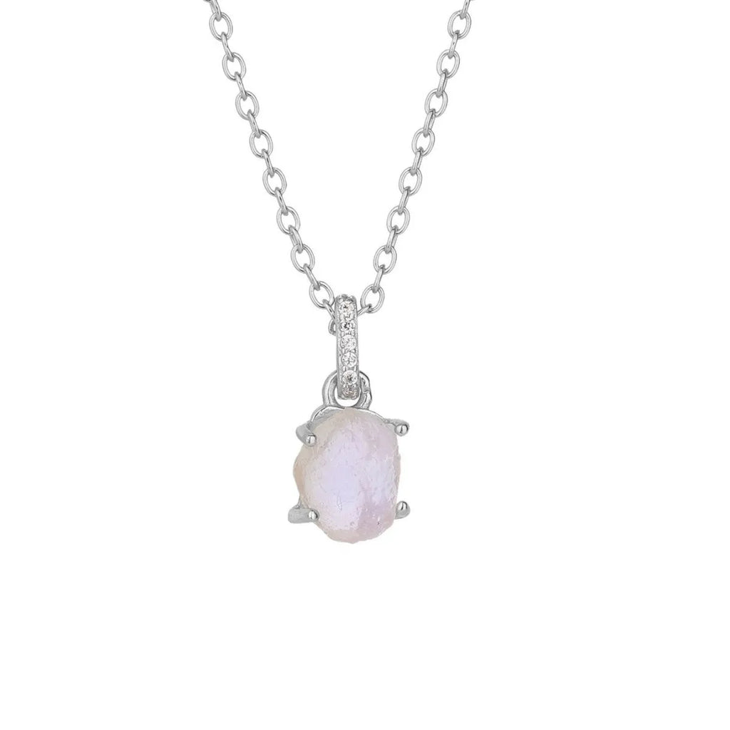 Geometric quadrilateral crystal pendant on sterling silver curb chain necklace with rose gold or platinum plating options.