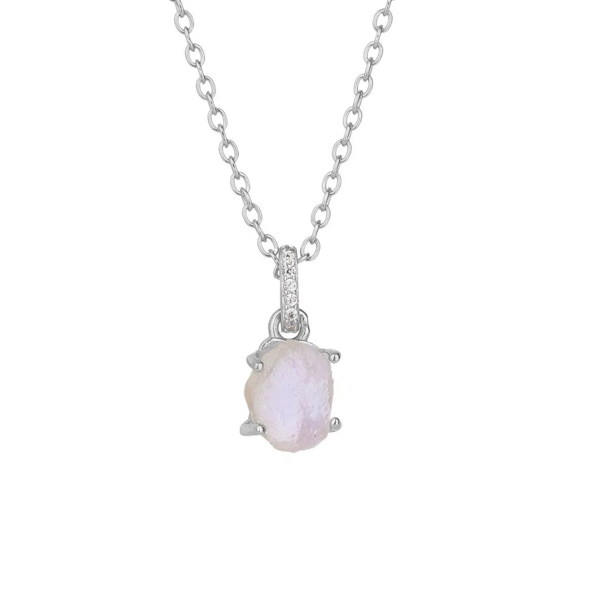Geometric quadrilateral crystal pendant on sterling silver curb chain necklace with rose gold or platinum plating options.