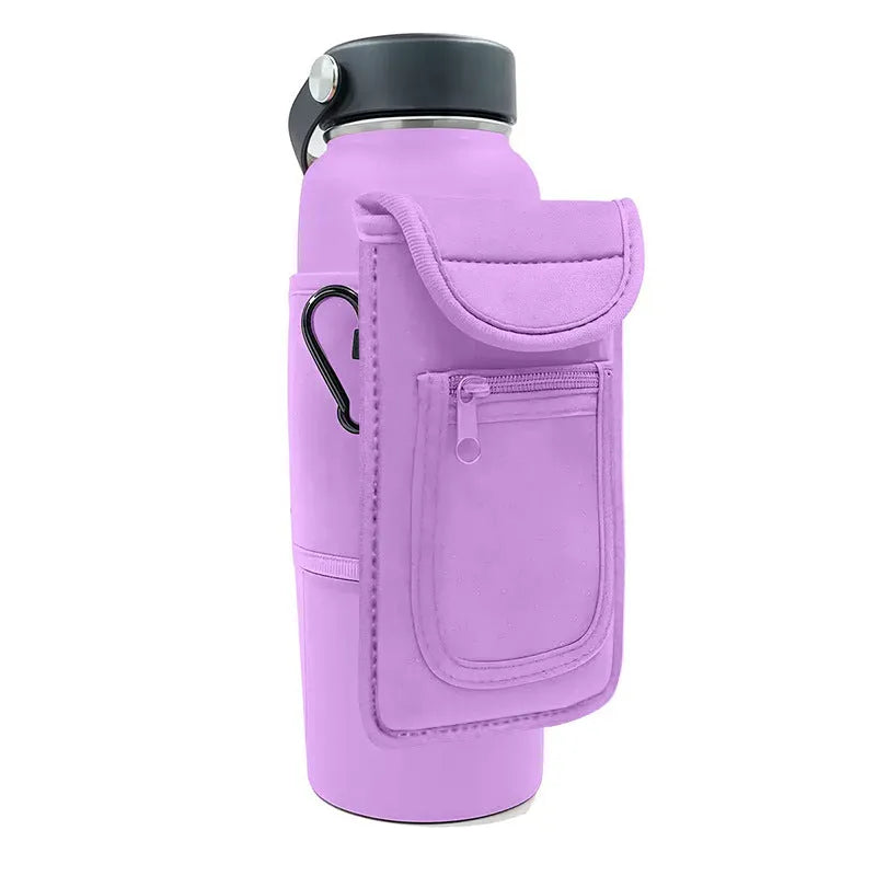 Sports bottle sleeve with magnetic or carabiner closure in seven colour options.