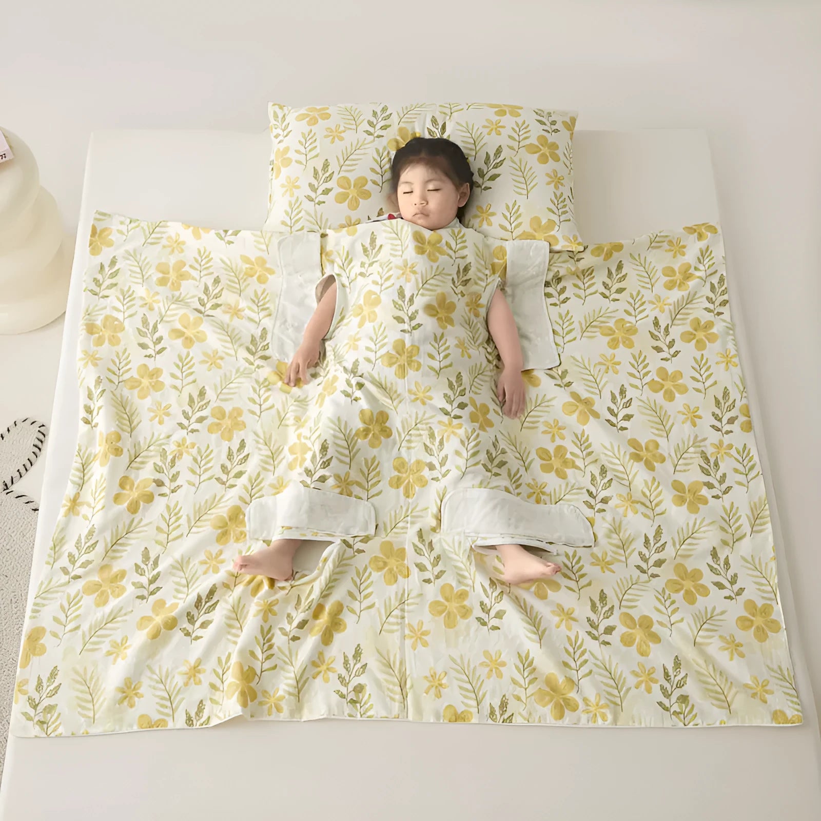 Patterned anti-kick sleeping bag blanket laid flat on a bed, showing its quilted texture.