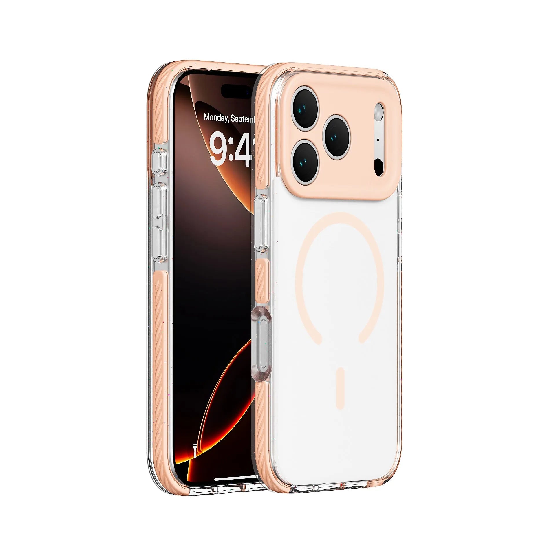 Transparent magnetic iPhone protective case showing sweet blue, candy green, and sweet orange colour options