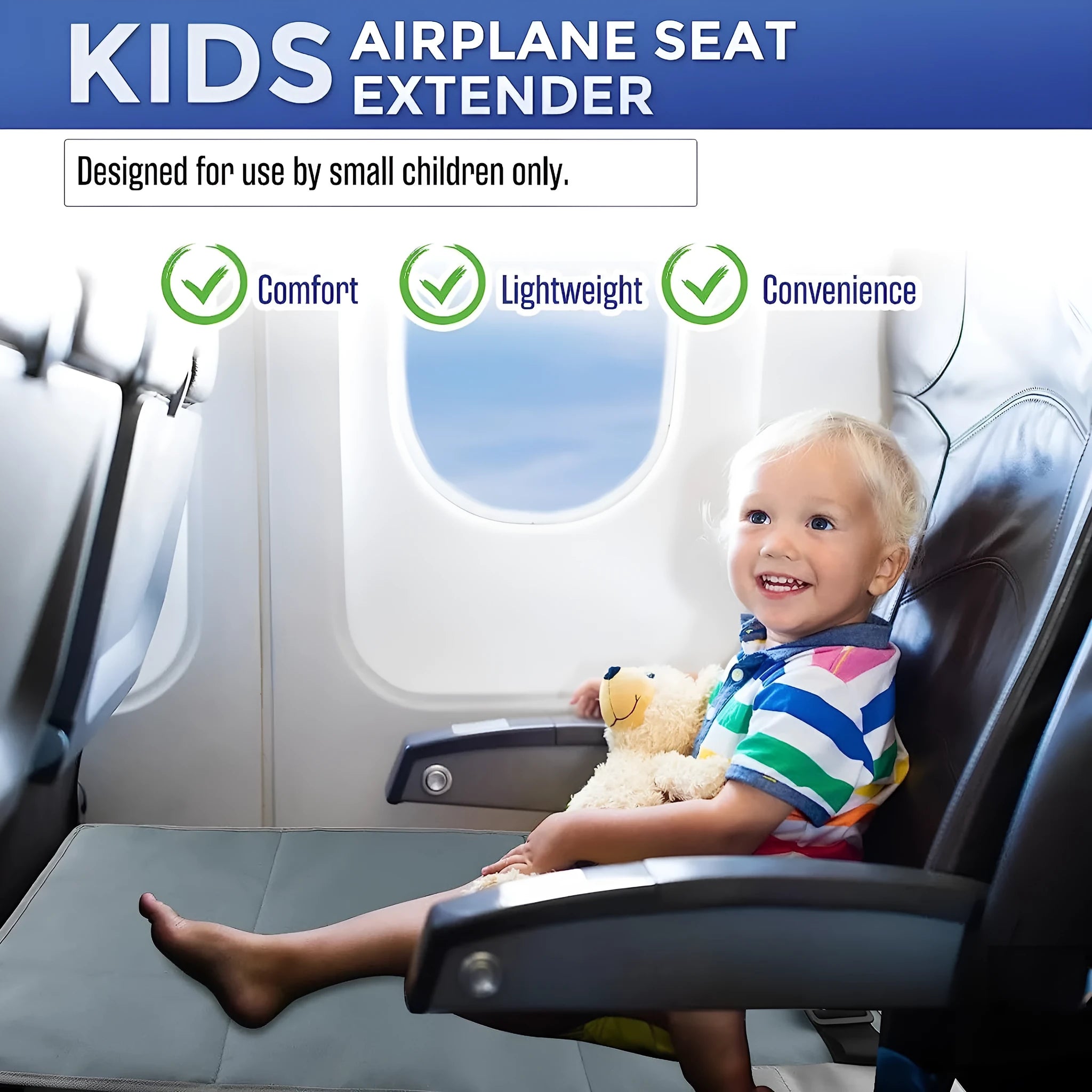 Portable blue nylon children's aircraft seat extender with matching storage bundle pocket.
