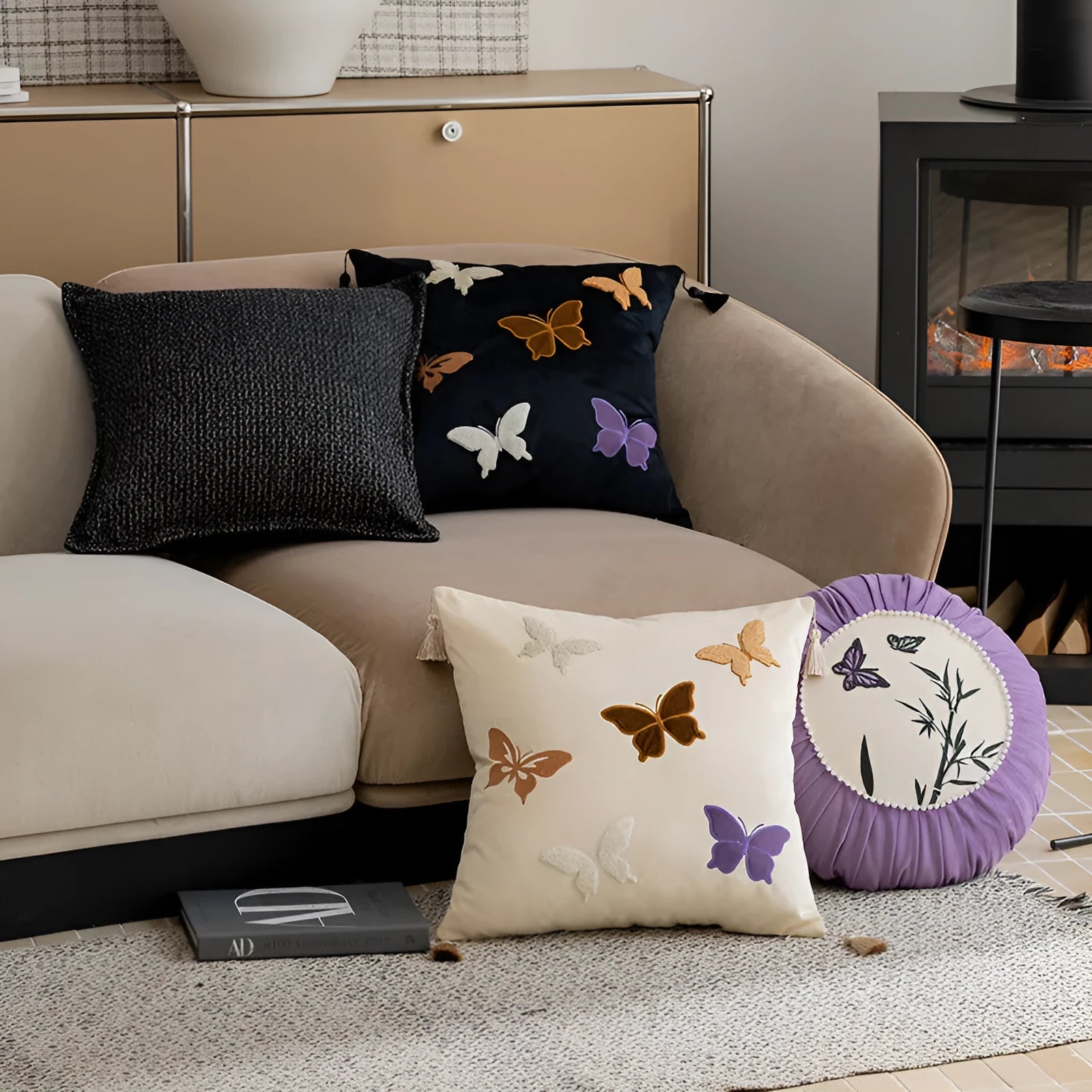 Square cushion with Chinese butterfly embroidery in beige, black, or purple colours.