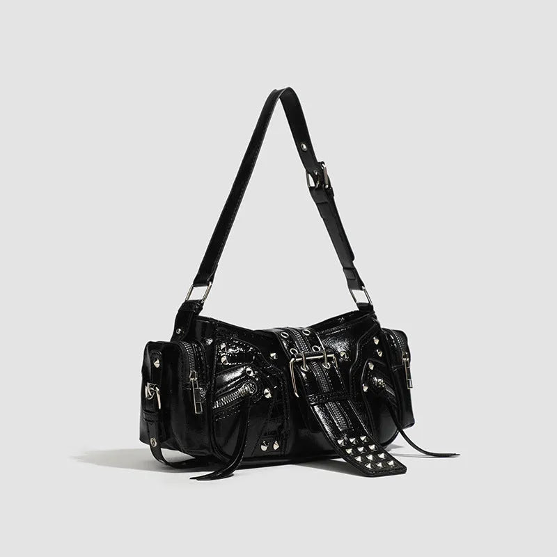 Black retro dumpling-shaped handbag with oil-wax PU leather and multiple interior compartments
