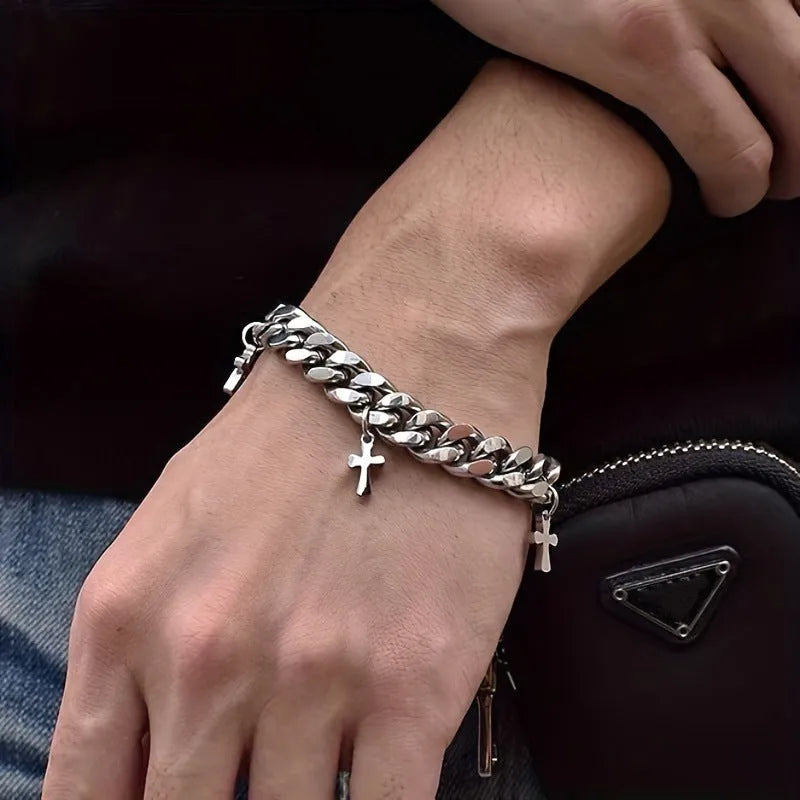 Men's titanium steel bracelet with a geometric shape and a central cross design.