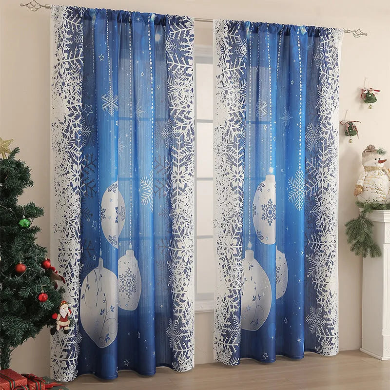Rectangular printed polyester curtain with festive design hanging in a window