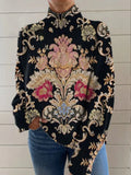 Black 3D pattern printed turtleneck sweater with loose fit and long sleeves