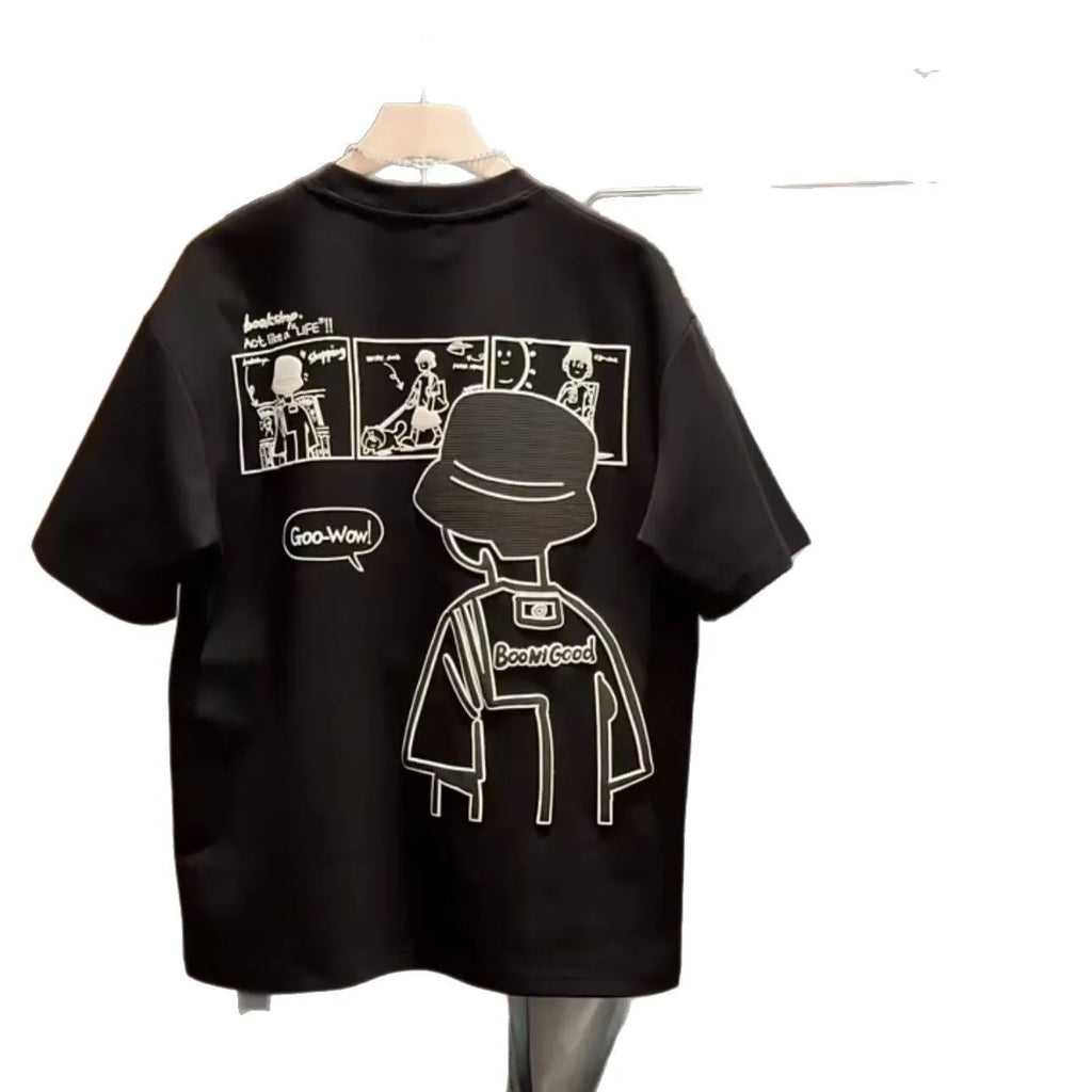 Men's black cotton t-shirt with cartoon print design, short sleeve crew neck summer top